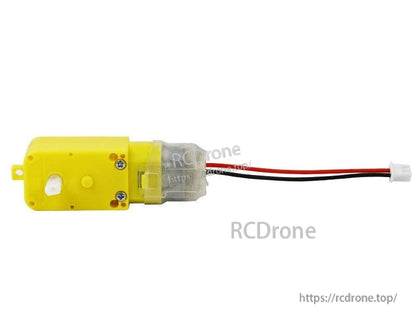 TT motor profile view showing screw holes, gearbox housing, and XH2.54 2-pin connector on wire lead