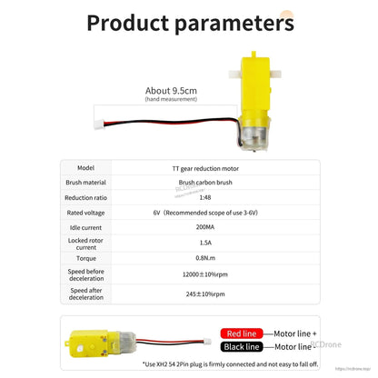 TT DC gear reduction motor 6V specs table showing 1:48 ratio, 245±10% rpm, wiring and XH2.54 plug note