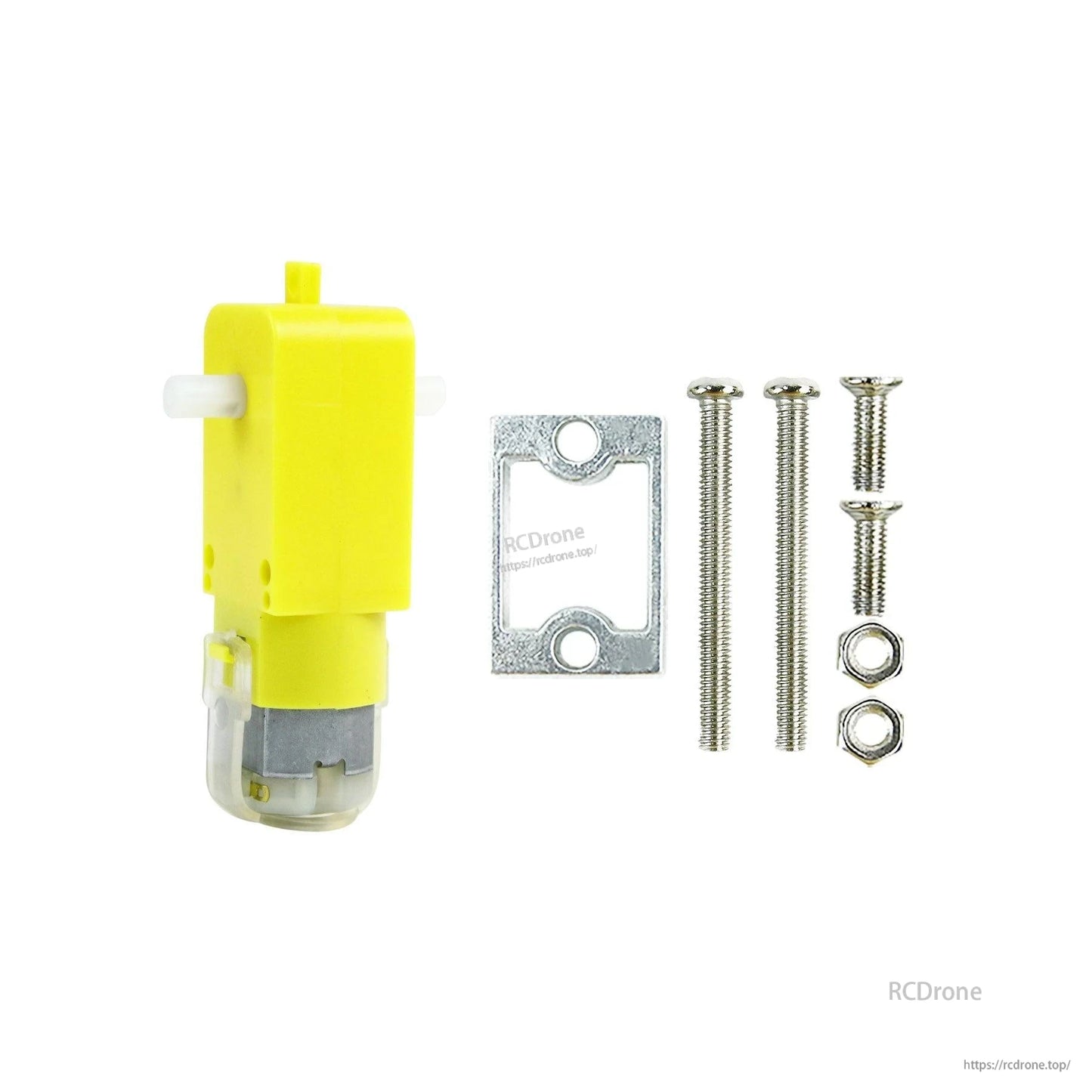 Alternate kit layout: TT motor with flat metal mounting plate plus screws and nuts