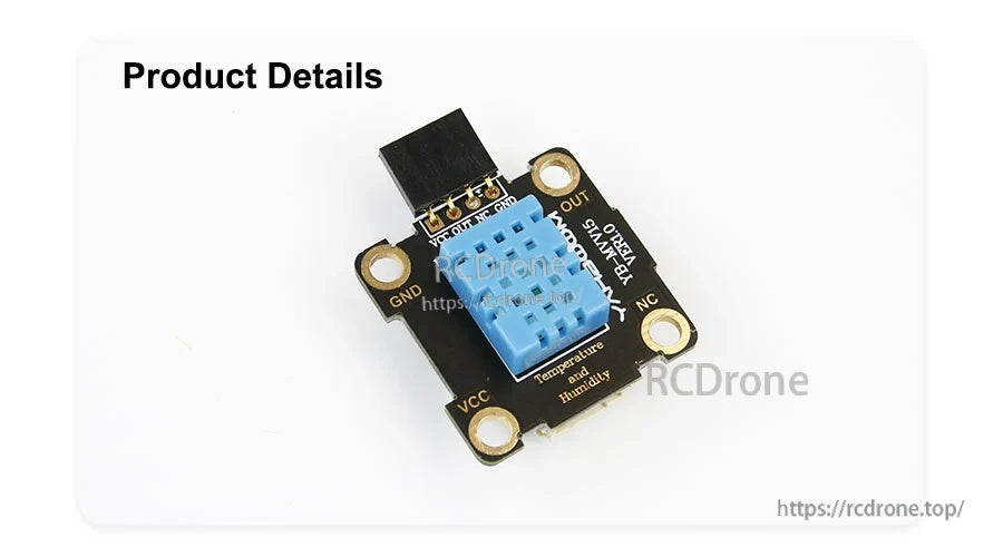 Product detail photo of the DHT11 temperature and humidity sensor module with mounting holes and top header