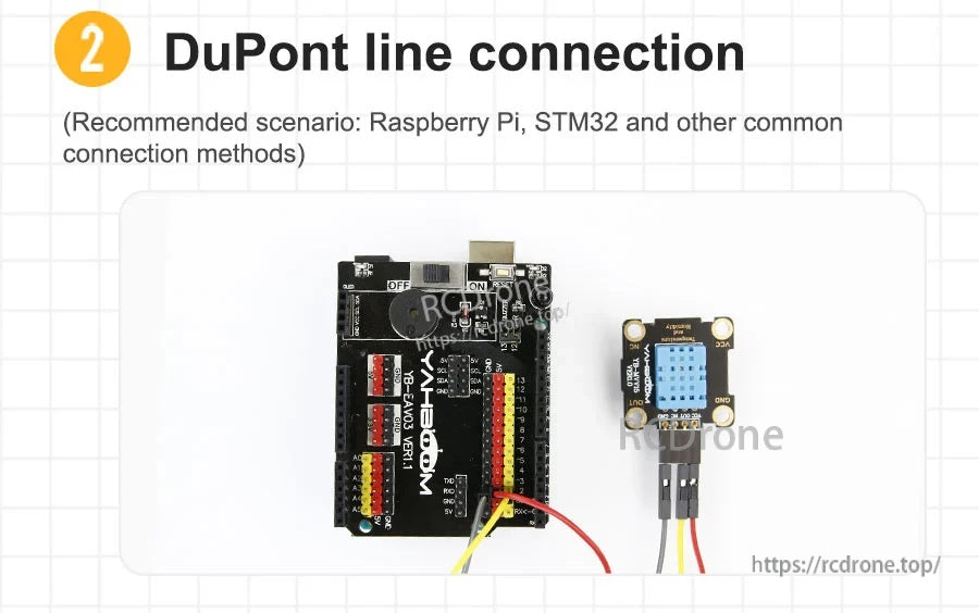 DuPont jumper wiring example linking the sensor module to a controller board for standard breadboard-style connections