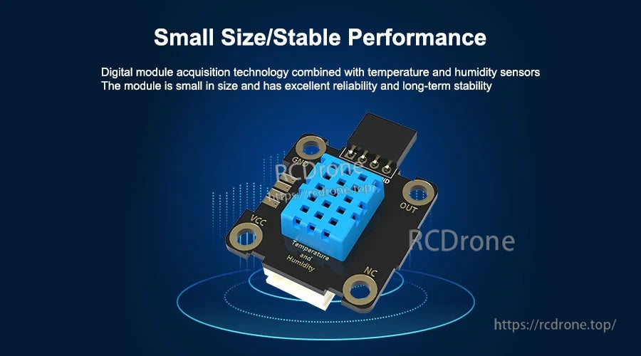 Angled close-up highlighting compact board size and stable performance message with DHT11 sensor housing