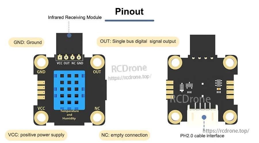 Pinout diagram labeling VCC, OUT, NC, and GND plus rear view with PH2.0 cable interface location
