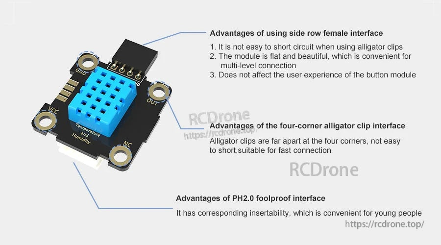 Side row female header and four-corner alligator clip pads plus PH2.0 connector options on the sensor board