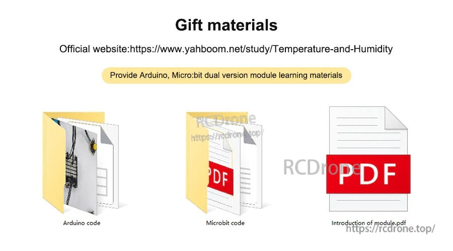 Downloadable learning materials graphic showing Arduino code, micro:bit code, and module introduction PDF