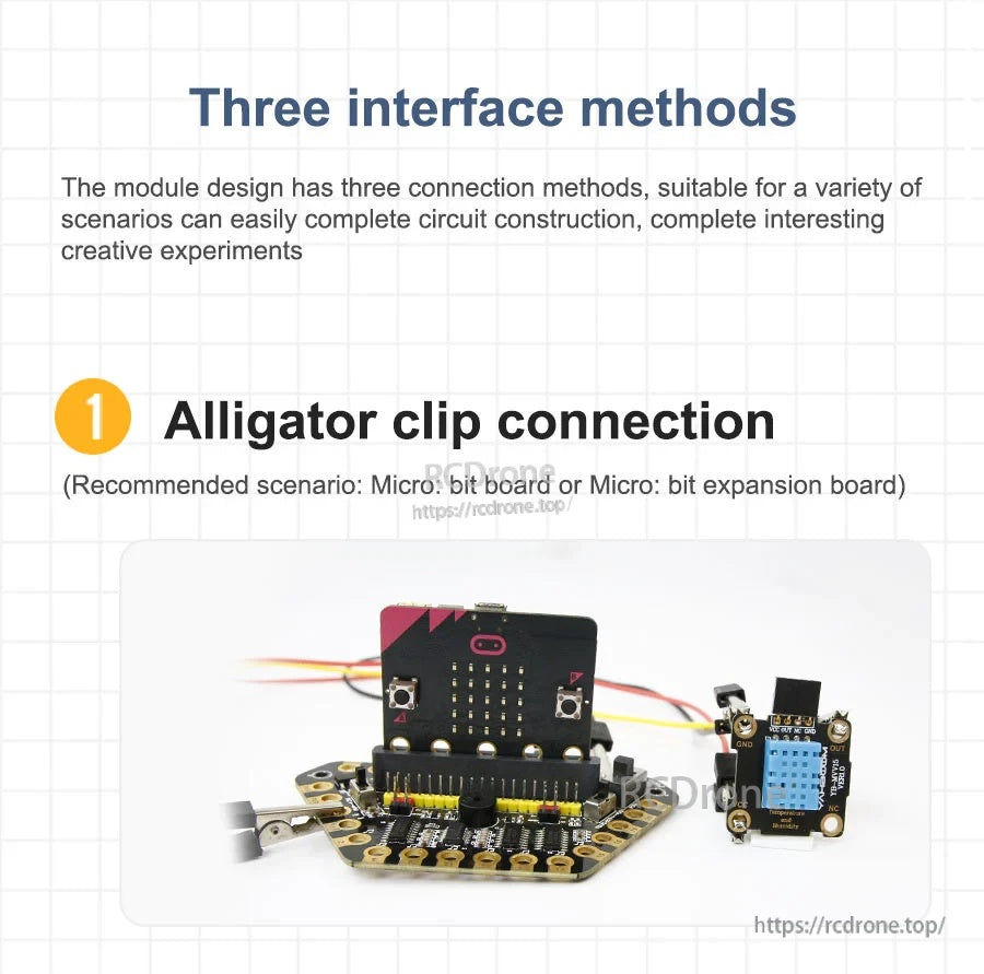 Alligator clip wiring example connecting the module to a micro:bit expansion board for fast setup