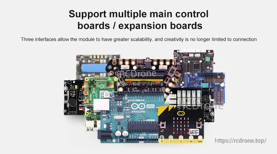 Compatibility collage of the module working with popular main control boards and expansion boards (Arduino, micro:bit, etc.)