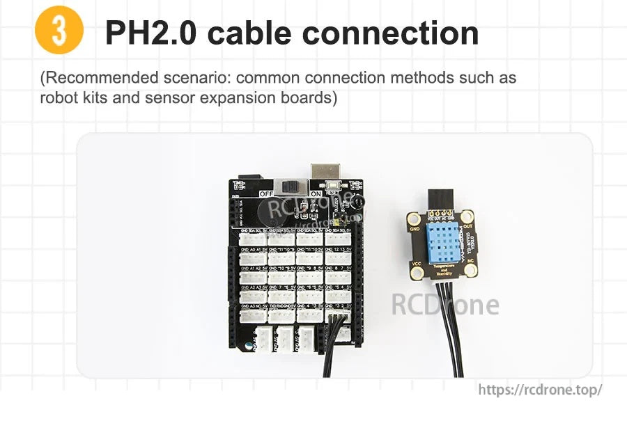 PH2.0 cable connection example for robot kits and sensor expansion boards using the keyed PH2.0 port