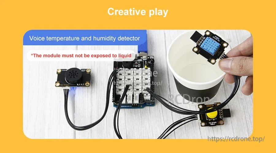 Creative project setup using the module with a buzzer for a voice temperature and humidity detector; keep away from liquid