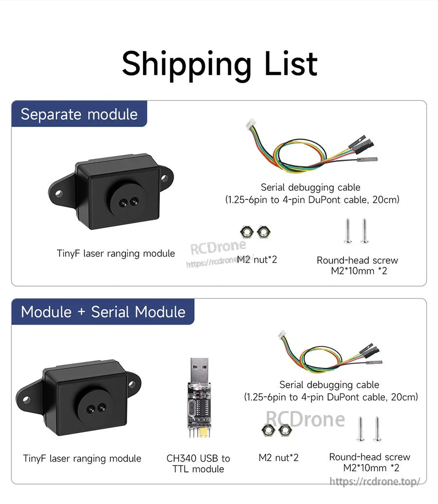 Shipping list showing TinyF laser ranging module, serial debugging cable, CH340 USB to TTL module, screws and nuts