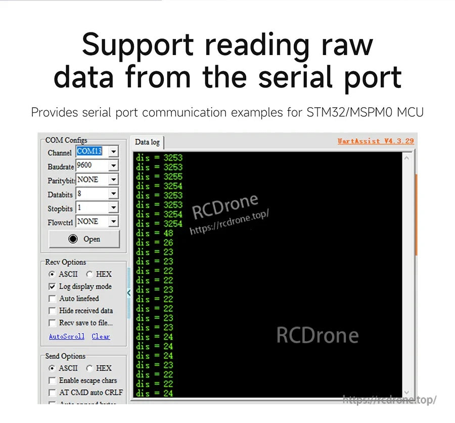 Serial terminal screenshot showing raw distance data readout from TinyF module over UART (COM port settings visible)