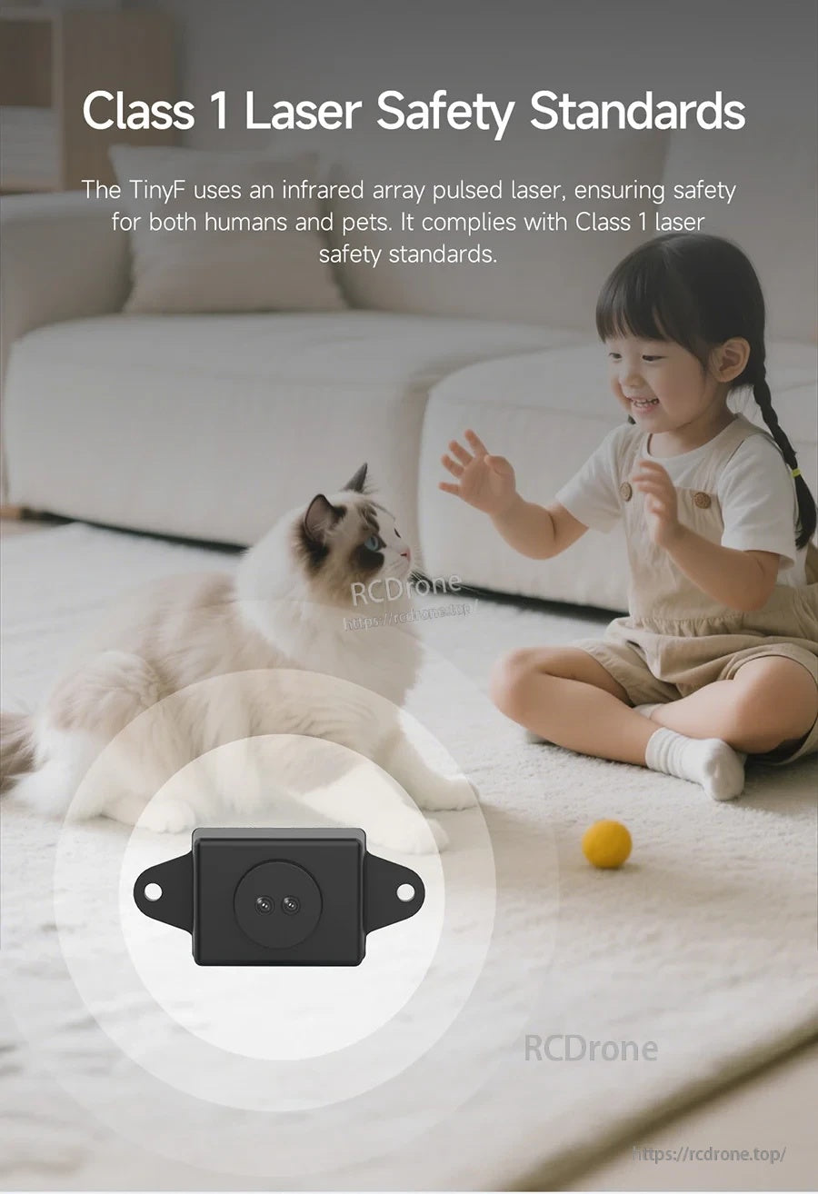 Class 1 laser safety graphic with TinyF module icon and lifestyle scene (child’s face blurred)