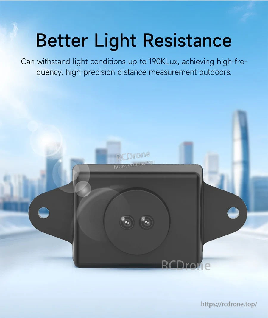 Better light resistance graphic noting ambient light immunity up to 190 kLux with TinyF module front view