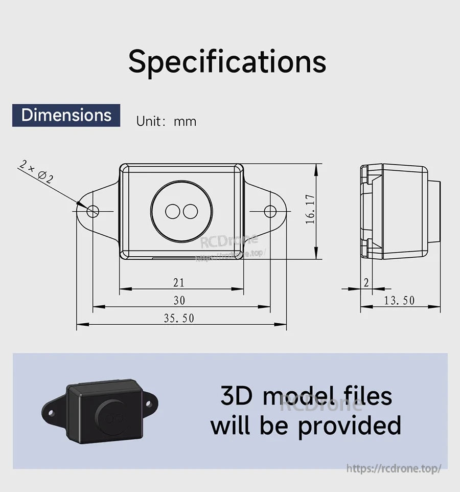 TinyF module mechanical dimensions drawing with mounting hole spacing and overall size (mm), plus 3D model note