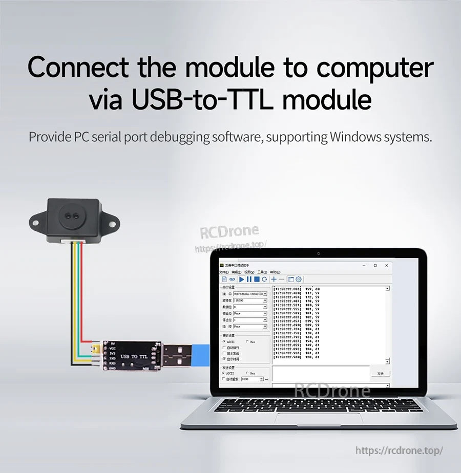 Connection example using a USB-to-TTL adapter to link the TinyF UART distance sensor to a computer for debugging