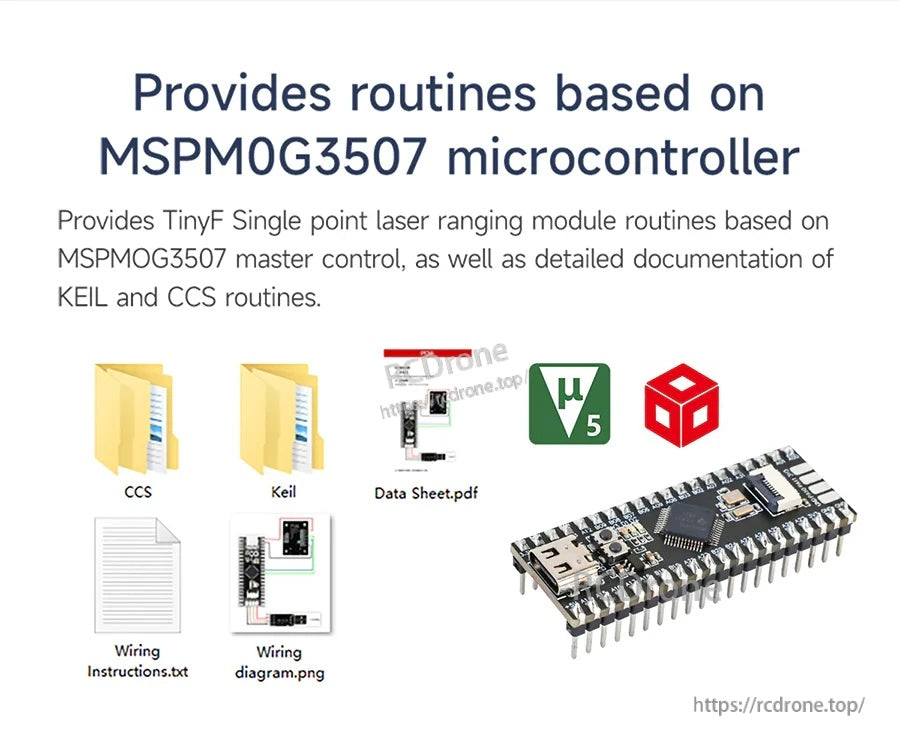 Software and wiring resources for MSPM0G3507-based TinyF laser ranging module, including CCS/Keil files and datasheet