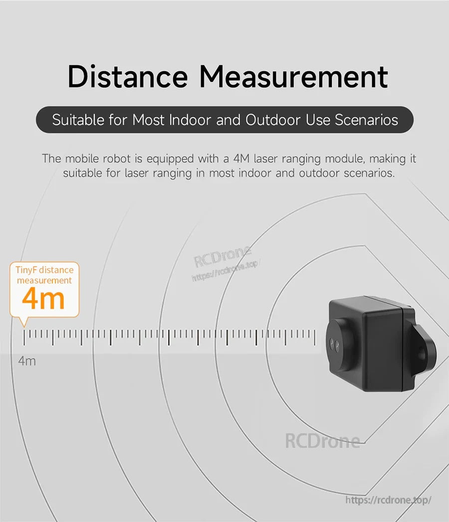 Distance measurement graphic indicating up to 4 m ranging capability for indoor and outdoor robot applications