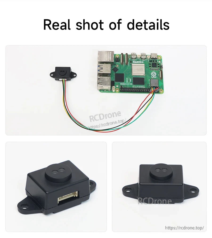 TinyF ToF laser distance sensor module with mounting tabs and 4-wire cable connected to a Raspberry Pi board
