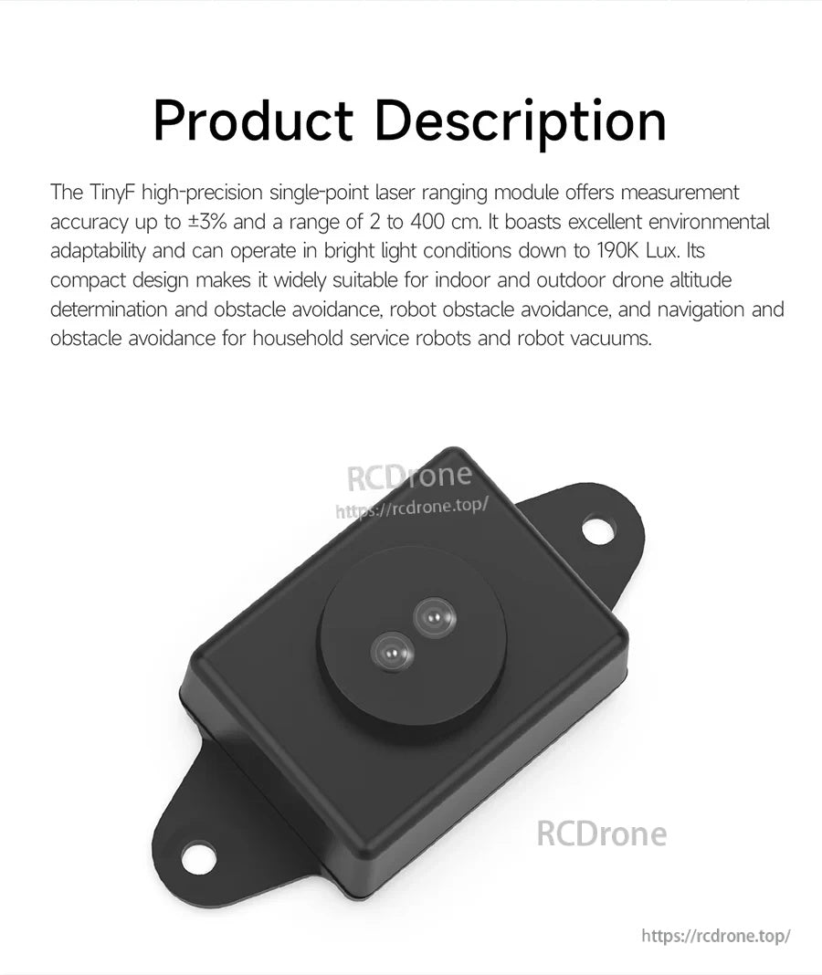 Angled view of the TinyF laser distance sensor module showing compact housing and two screw-mount ears