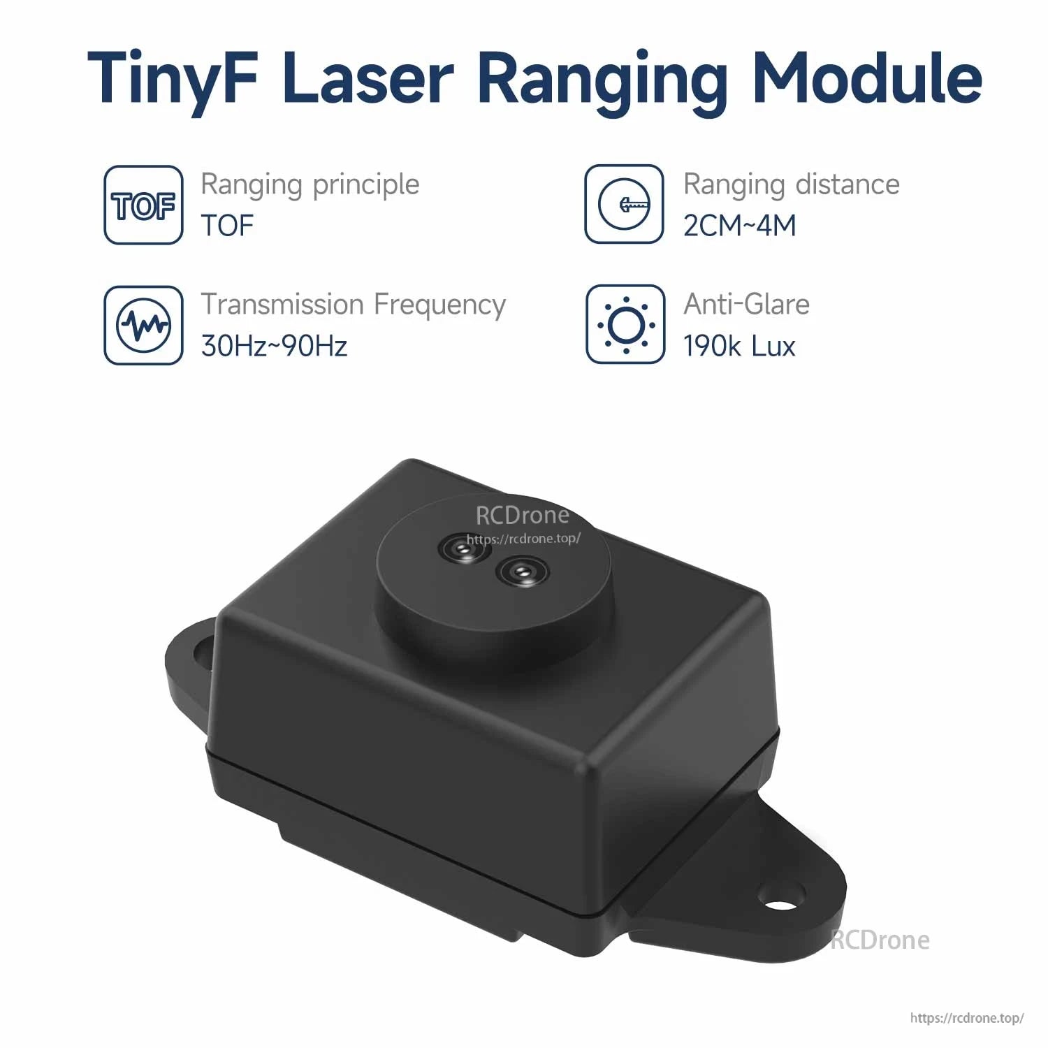 TinyF Laser Ranging Module feature graphic: TOF principle, 2cm–4m range, 30–90Hz, anti-glare 190k lux