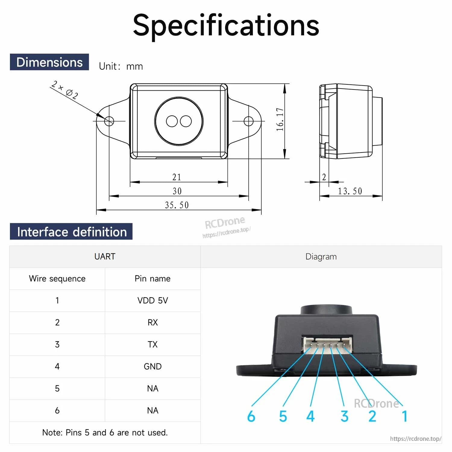 TinyF laser ranging module dimensions drawing and UART pinout diagram for 6-pin connector