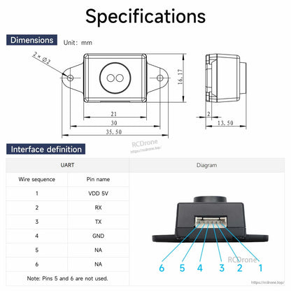 TinyF laser ranging module dimensions drawing and UART pinout diagram for 6-pin connector