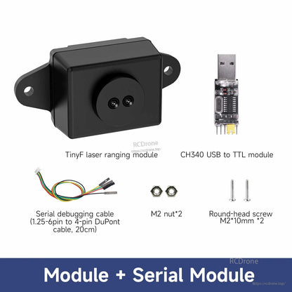 Module + serial kit contents: TinyF laser ranging module, CH340 USB-to-TTL adapter, cable, M2 hardware
