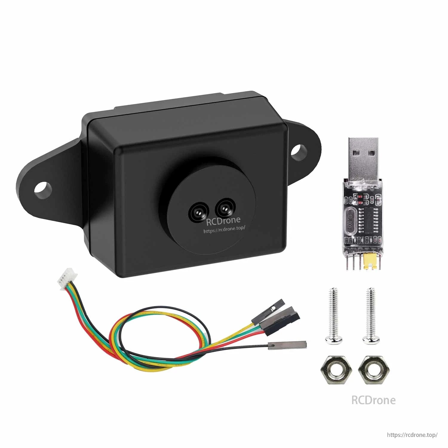 TinyF sensor with CH340 USB-to-TTL adapter, serial cable, and M2 mounting screws and nuts