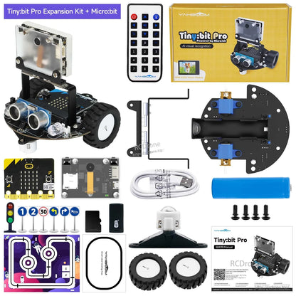Tiny:bit Pro Expansion Kit + micro:bit contents with micro:bit board, track map/road signs, robot car parts and manual