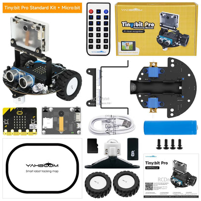 Tiny:bit Pro Standard Kit + micro:bit contents showing micro:bit board included with robot car parts and accessories