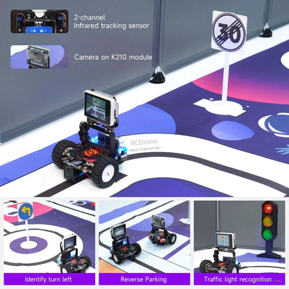 Robot car use case on track map showing infrared line tracking, K210 camera, turn/parking and traffic light demo