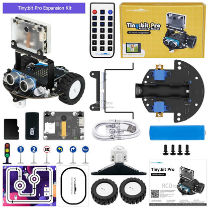Tiny:bit Pro Expansion Kit contents with robot car, remote, extra track map/road signs, chassis parts, battery, manual