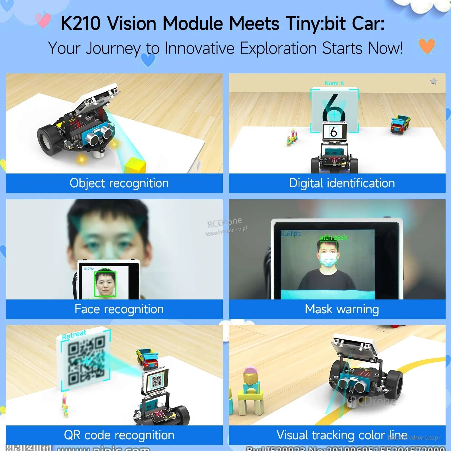 K210 vision module feature collage: object, digit, face (blurred), mask warning, QR code recognition, color line tracking
