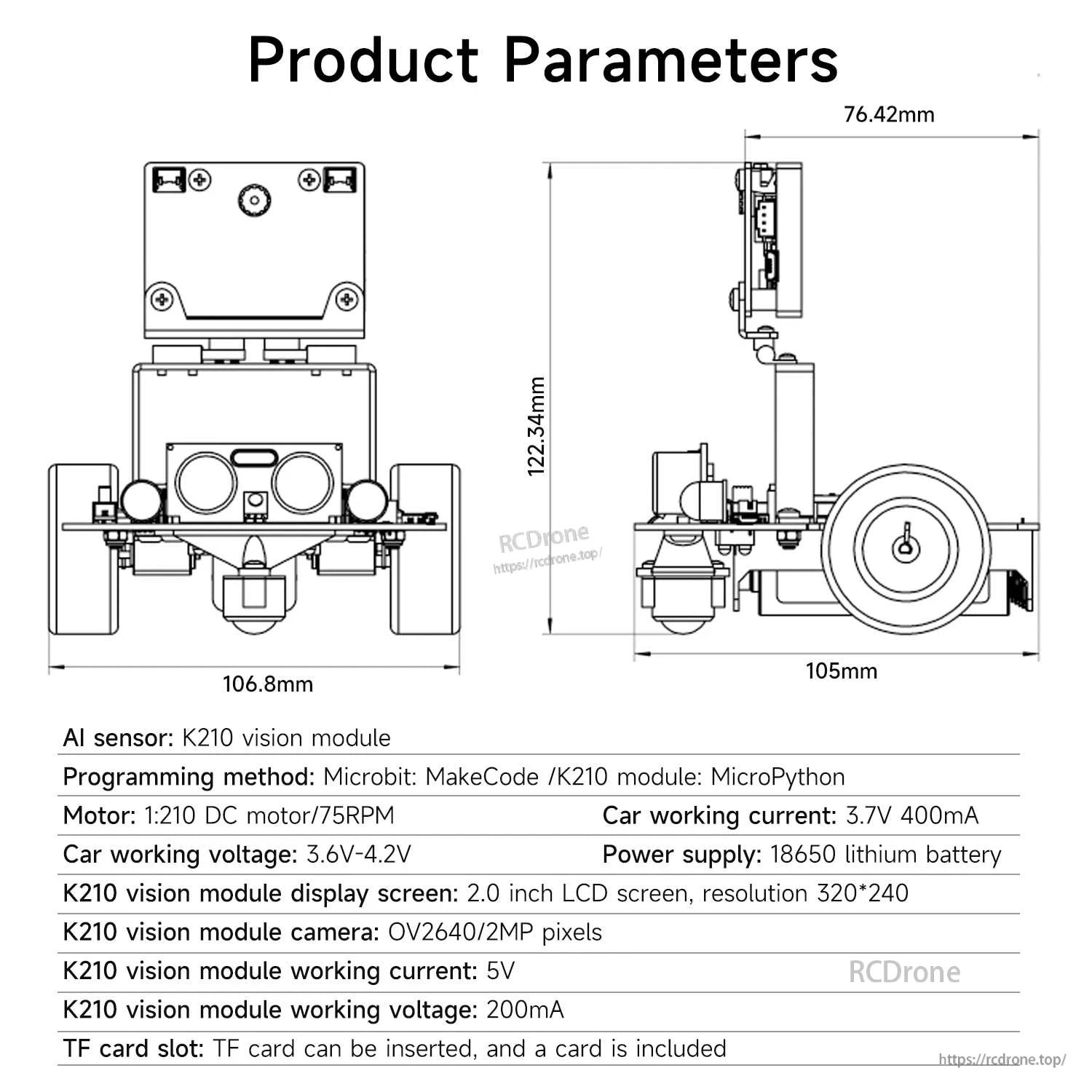Tiny:bit Pro robot car product parameters diagram with dimensions and K210 module specs table