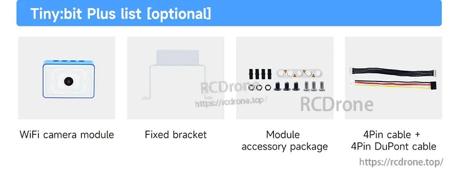 Tiny:bit Plus optional accessories including WiFi camera module, fixed bracket, module parts kit, and 4-pin cables