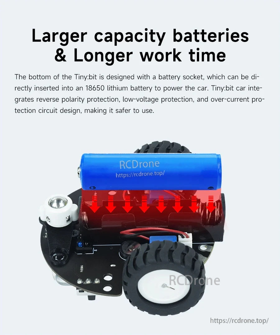 18650 battery socket installed under the Tiny:bit chassis for longer runtime and protected power design