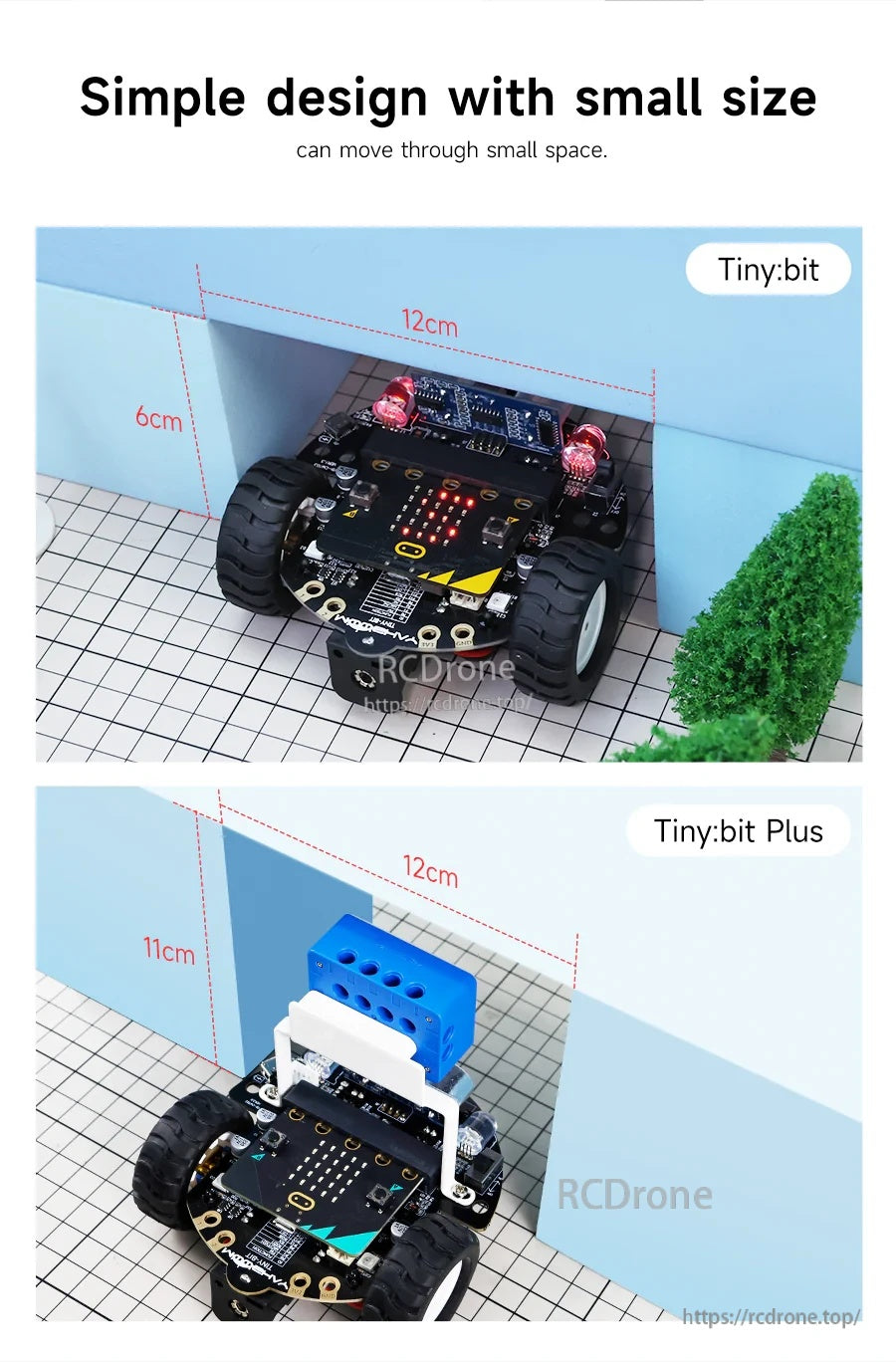 Compact chassis size comparison for Tiny:bit vs Tiny:bit Plus demonstrating clearance through small spaces