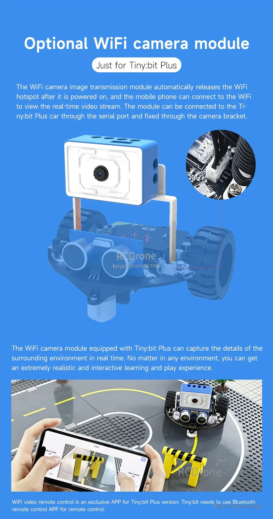Optional WiFi camera module for Tiny:bit Plus with bracket, enabling phone video stream and video remote control