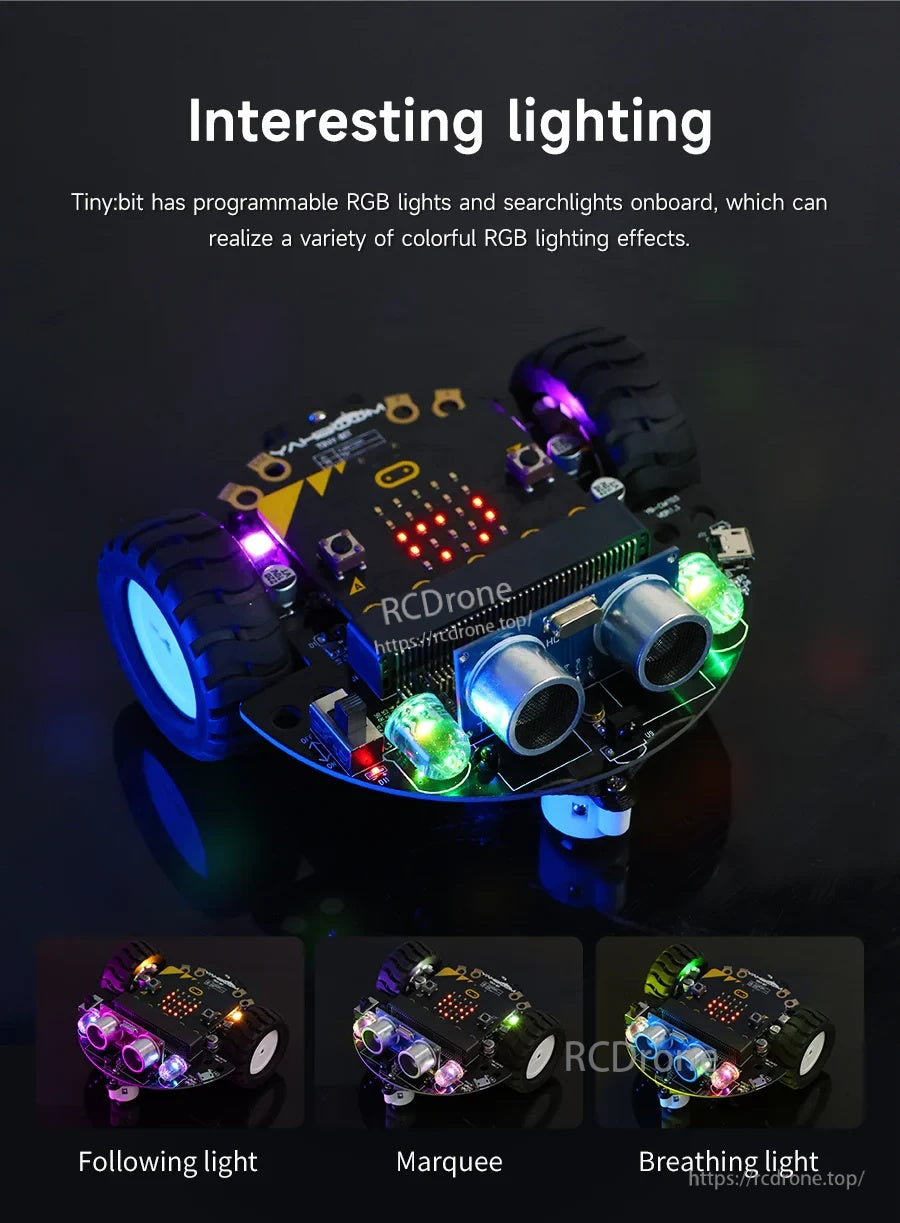 Programmable RGB lighting effects on Tiny:bit car, including following light, marquee, and breathing modes