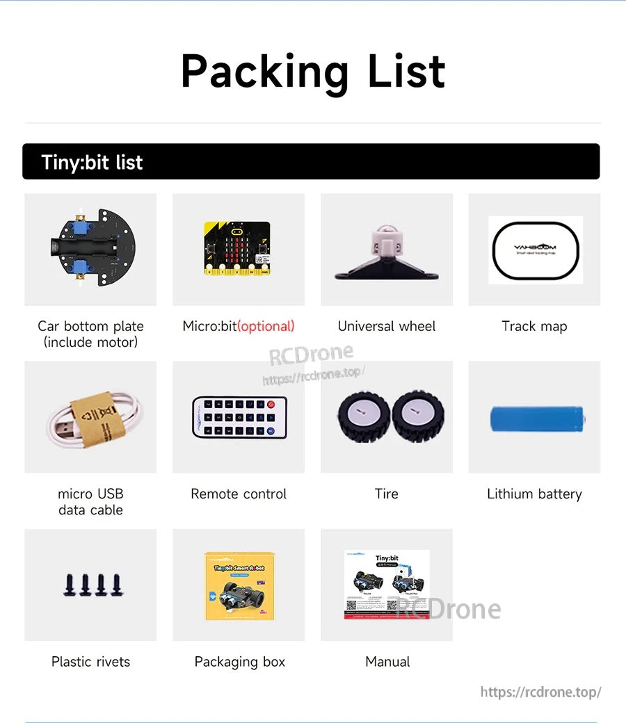 Packing list for Yahboom Tiny:bit smart car kit with chassis, wheels, battery, USB cable, remote and manual