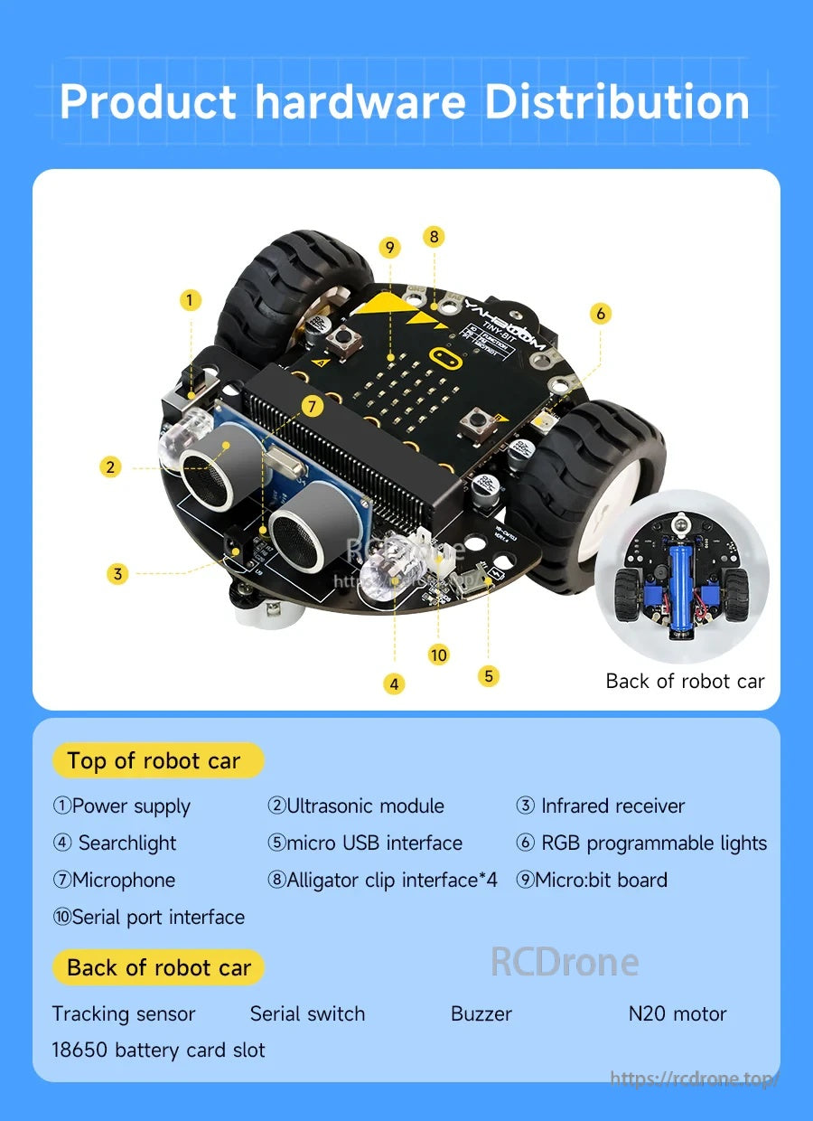 Yahboom Tiny:bit smart car robot top view with ultrasonic sensors, micro USB port, RGB LEDs, and micro:bit board slot