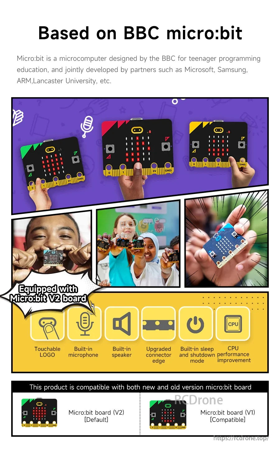 BBC micro:bit compatibility banner for Tiny:bit car, highlighting micro:bit V2 default and V1 compatible