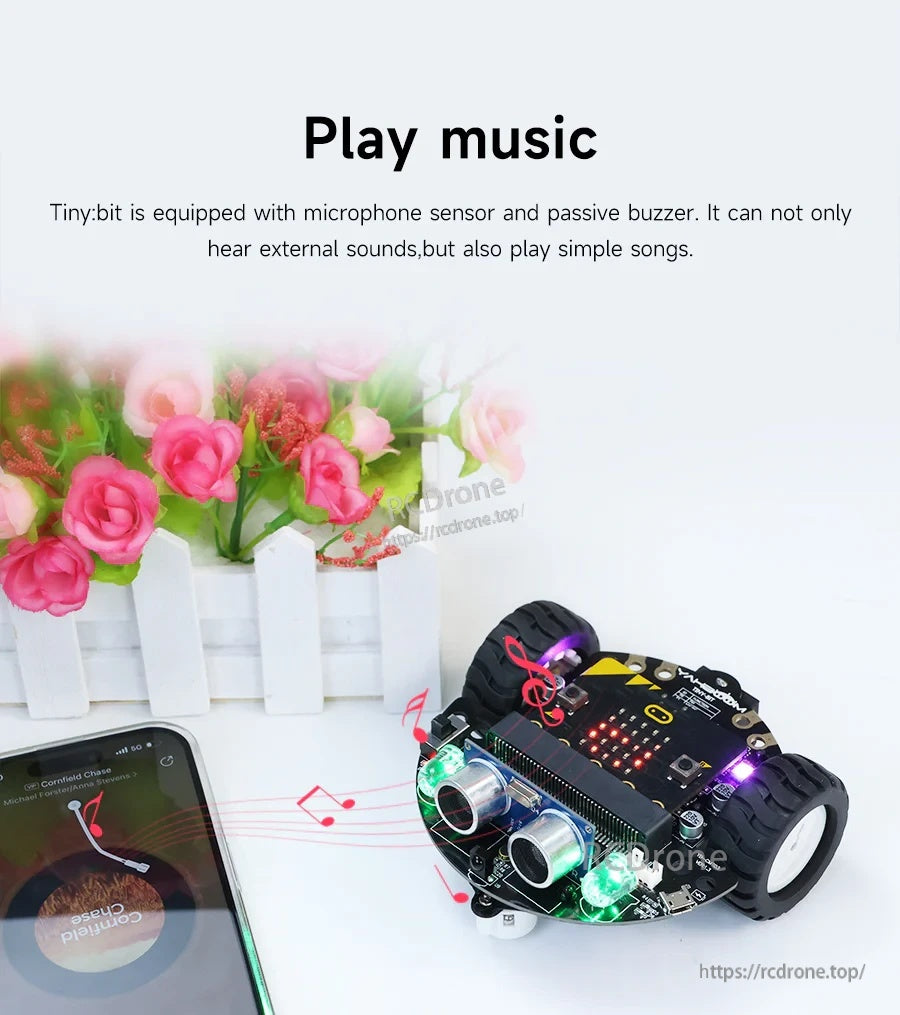 Microphone sensor and passive buzzer feature for Tiny:bit smart car playing music with RGB lights