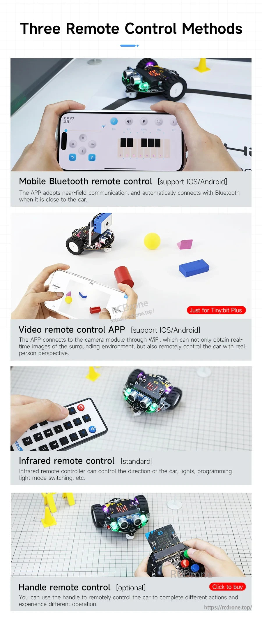Three remote control methods for the robot car: Bluetooth app, video remote app, infrared remote, and optional handle