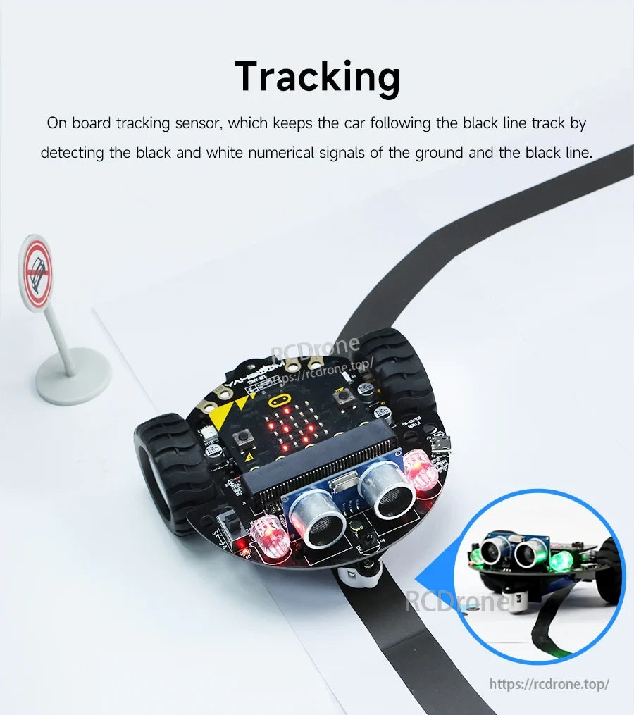Line tracking feature on Tiny:bit smart car using onboard tracking sensors to follow a black line path