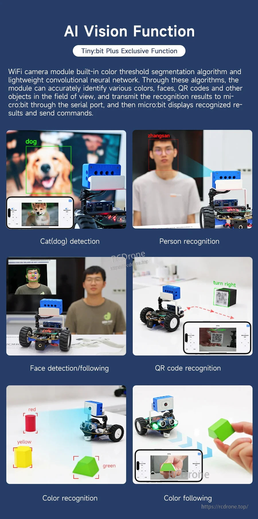 Tiny:bit Plus AI vision function examples: color recognition, face detection/following, QR code recognition, and more