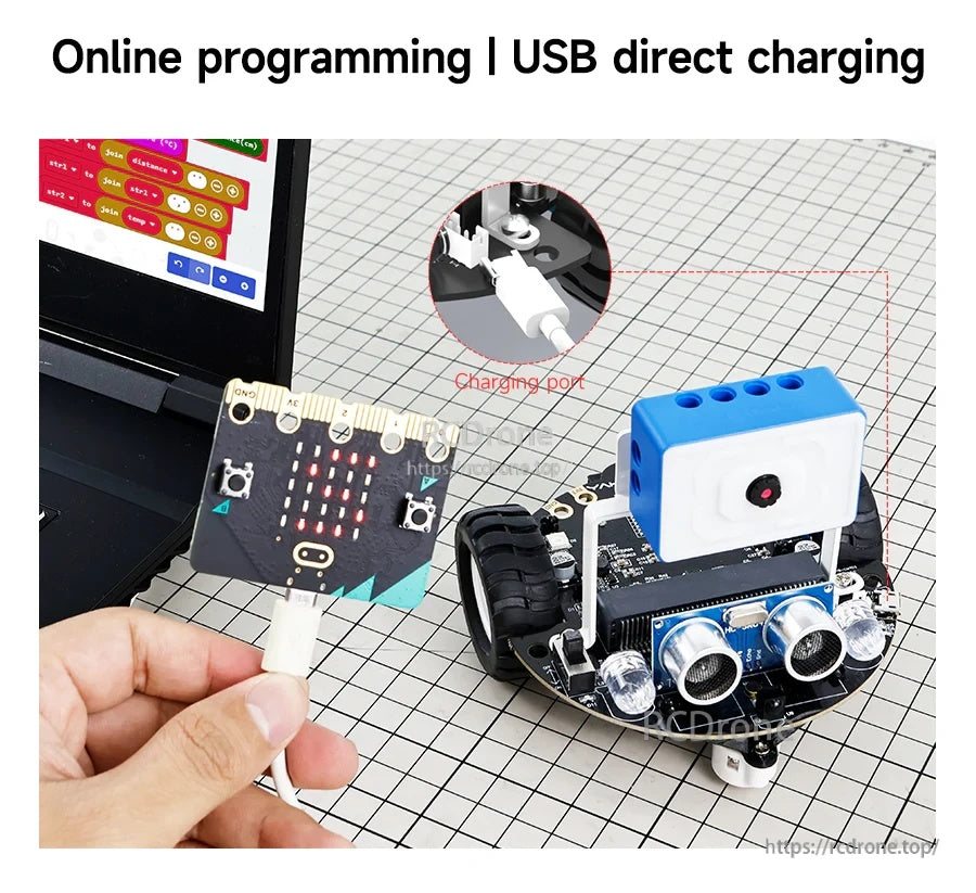 USB direct charging/online programming image with micro:bit connected by USB and Tiny:bit Plus with camera module