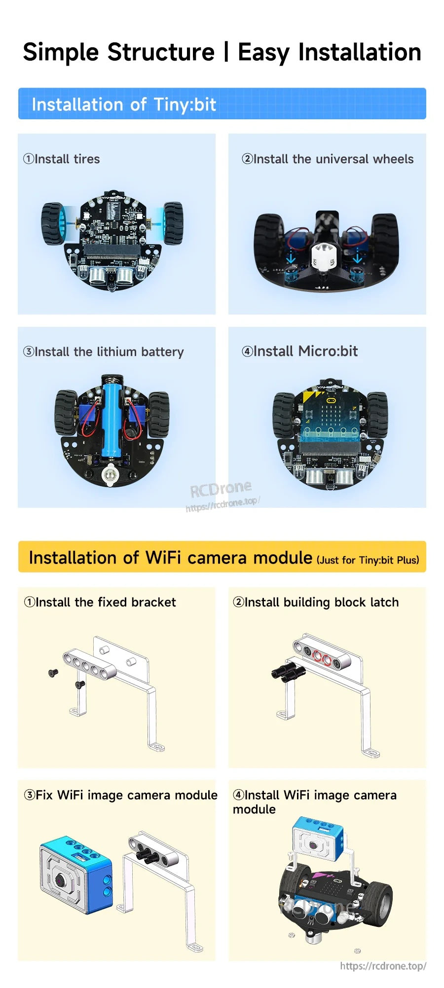 Step-by-step installation guide for Tiny:bit car and optional Tiny:bit Plus WiFi camera module bracket