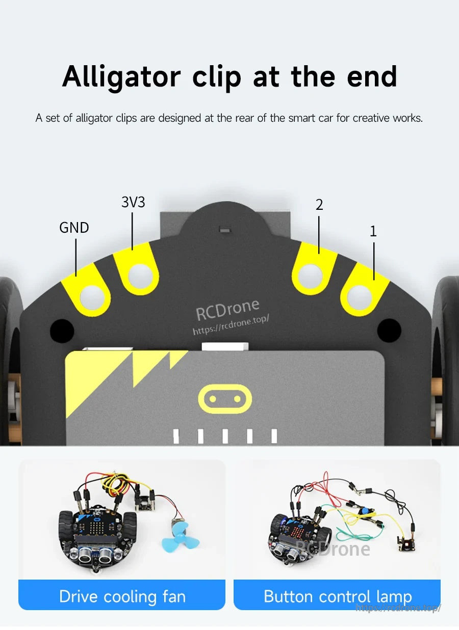 Rear alligator clip expansion terminals labeled GND, 3V3, P2 and P1 for Tiny:bit DIY add-ons