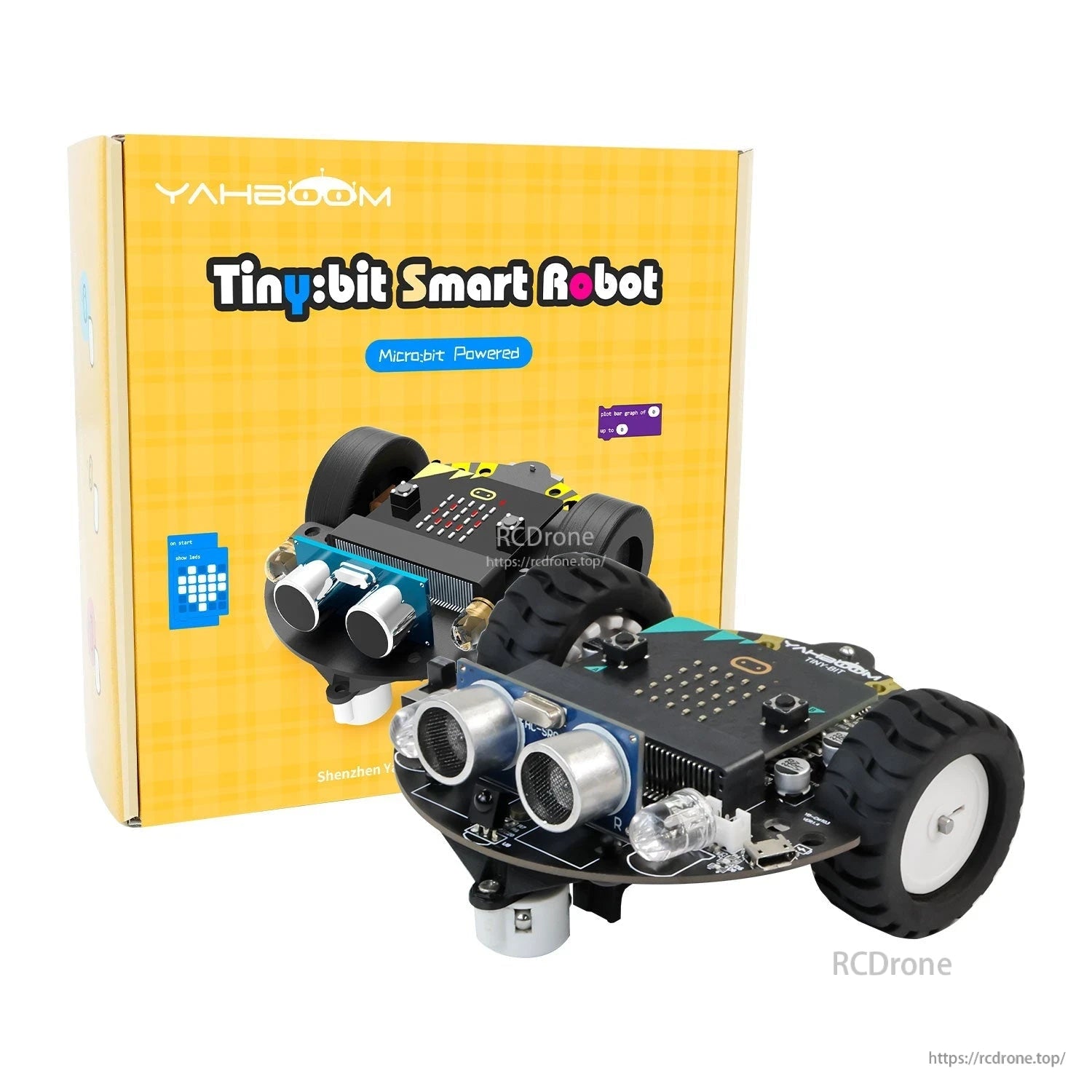 Yahboom Tiny:bit smart robot kit with retail box, micro:bit powered, robot car shown front and rear